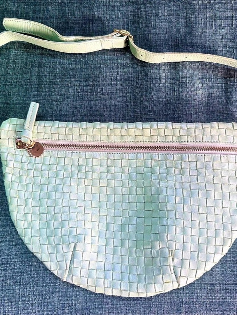 Clare V. Grande Fanny. Woven Leather Crossbody Bag Green
